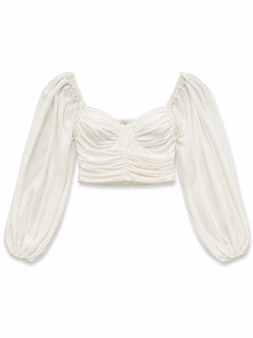 Sheer Ivory Puff-Sleeve Ruched Crop Top
